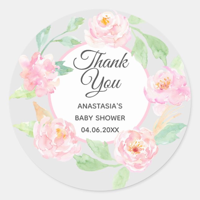 Gray & Pink Floral Wreath Thank You Baby Shower Classic Round Sticker (Front)