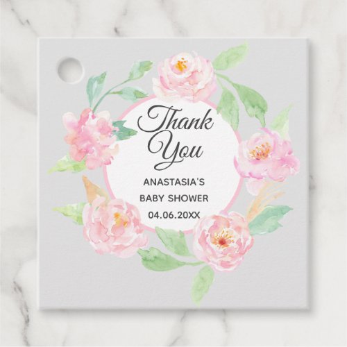 Gray  Pink Floral Wreath Thank You Baby Shower Favor Tags