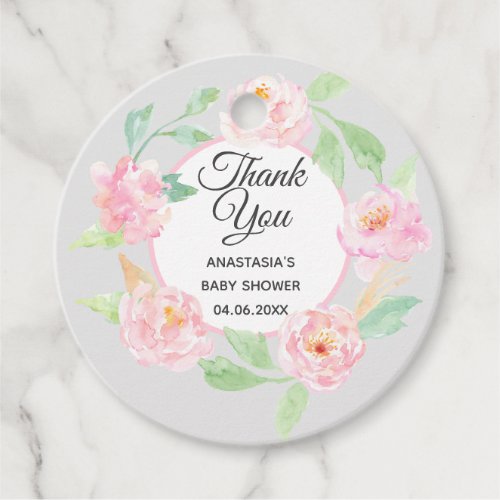 Gray  Pink Floral Wreath Thank You Baby Shower Favor Tags