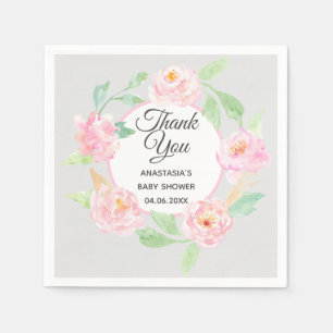 Gray & Pink Floral Wreath Thank You Baby Shower Napkins