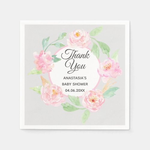 Gray  Pink Floral Wreath Thank You Baby Shower Napkins