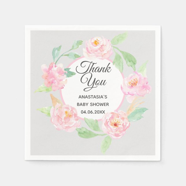 Gray & Pink Floral Wreath Thank You Baby Shower Napkins (Front)