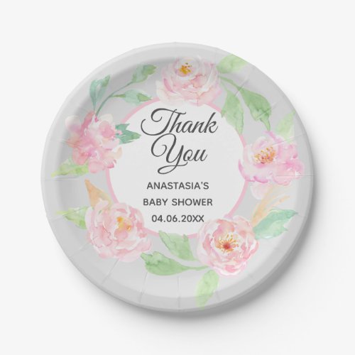 Gray  Pink Floral Wreath Thank You Baby Shower Paper Plates
