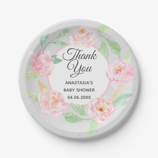 Gray & Pink Floral Wreath Thank You Baby Shower Paper Plates (Front)