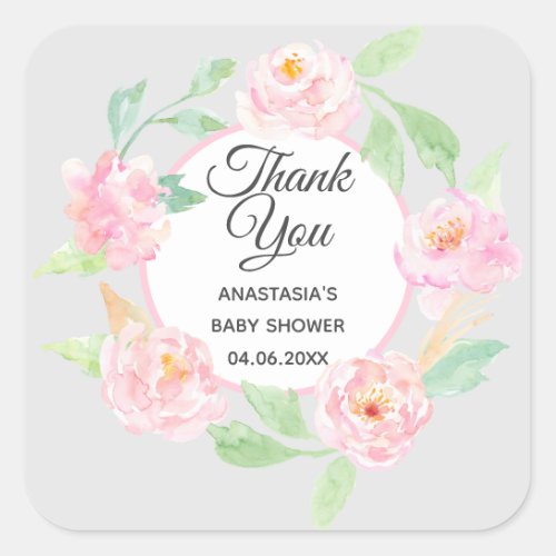 Gray  Pink Floral Wreath Thank You Baby Shower Square Sticker