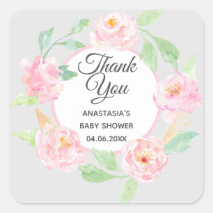 Gray & Pink Floral Wreath Thank You Baby Shower Square Sticker