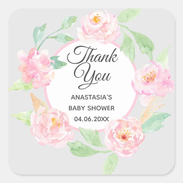 Gray & Pink Floral Wreath Thank You Baby Shower Square Sticker (Front)