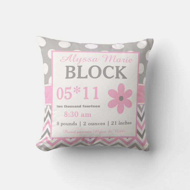 Gray Pink Flower Baby Announcement Pillow (Front)