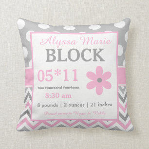 Gray Pink Flower Baby Announcement Pillow