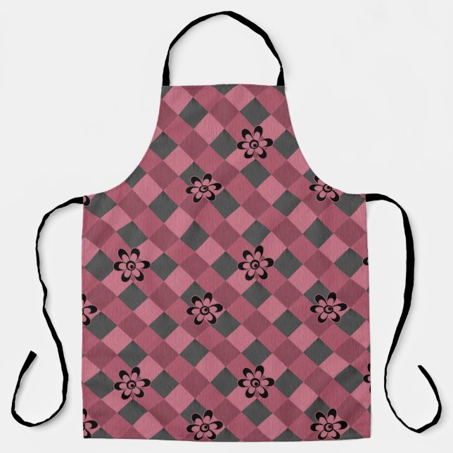 Gray pink geometric checkered pattern with flowers apron (Front)