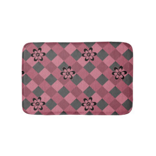 Gray pink geometric checkered pattern with flowers bath mat