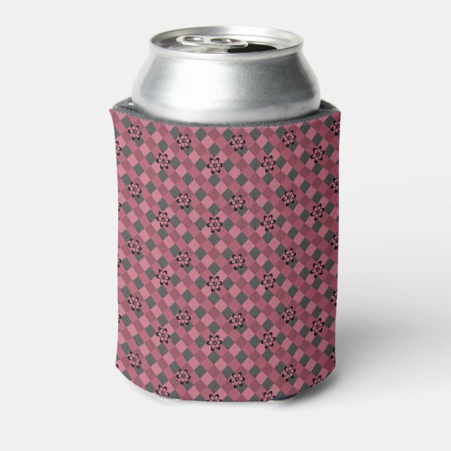 Gray pink geometric checkered pattern with flowers can cooler (Can Back)