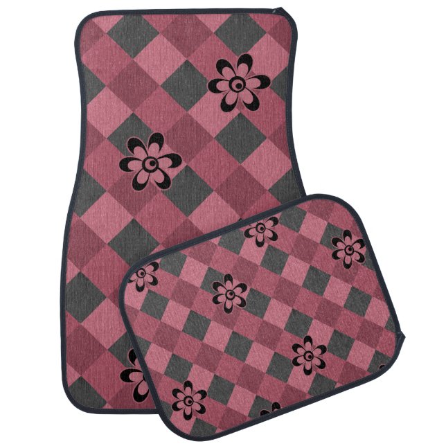 Gray pink geometric checkered pattern with flowers car floor mat (Set)