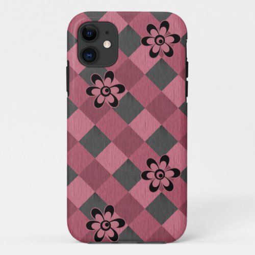 Gray pink geometric checkered pattern with flowers iPhone 11 case