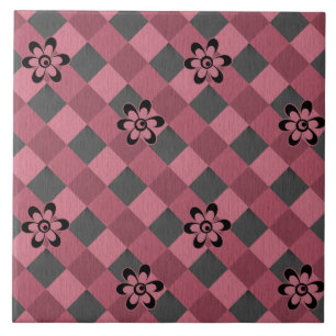 Gray pink geometric checkered pattern with flowers ceramic tile