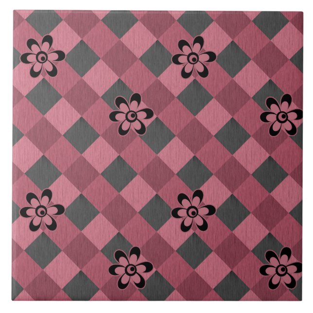 Gray pink geometric checkered pattern with flowers ceramic tile (Front)