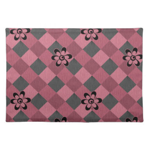 Gray pink geometric checkered pattern with flowers cloth placemat