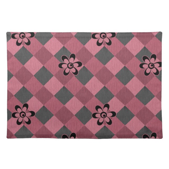 Gray pink geometric checkered pattern with flowers cloth placemat (Front)