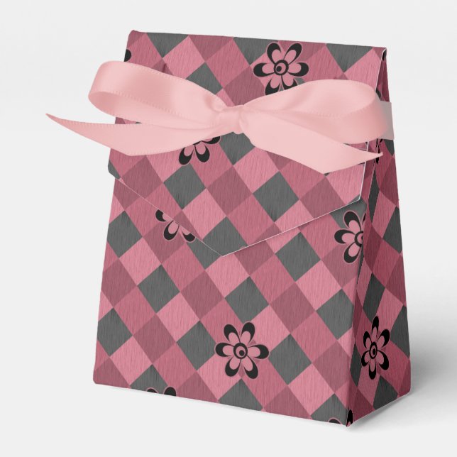 Gray pink geometric checkered pattern with flowers favor boxes (Front Side)