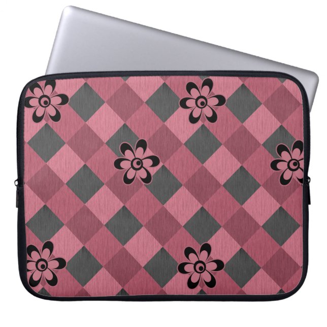 Gray pink geometric checkered pattern with flowers laptop sleeve (Front)