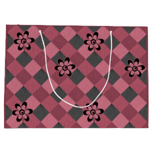Gray pink geometric checkered pattern with flowers large gift bag