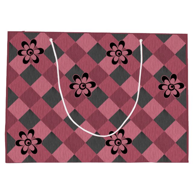 Gray pink geometric checkered pattern with flowers large gift bag (Back)