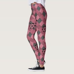 Gray pink geometric checkered pattern with flowers leggings