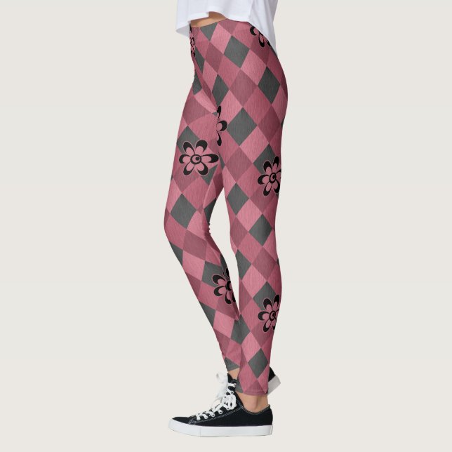 Gray pink geometric checkered pattern with flowers leggings (Left)