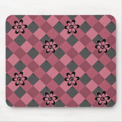 Gray pink geometric checkered pattern with flowers mouse pad