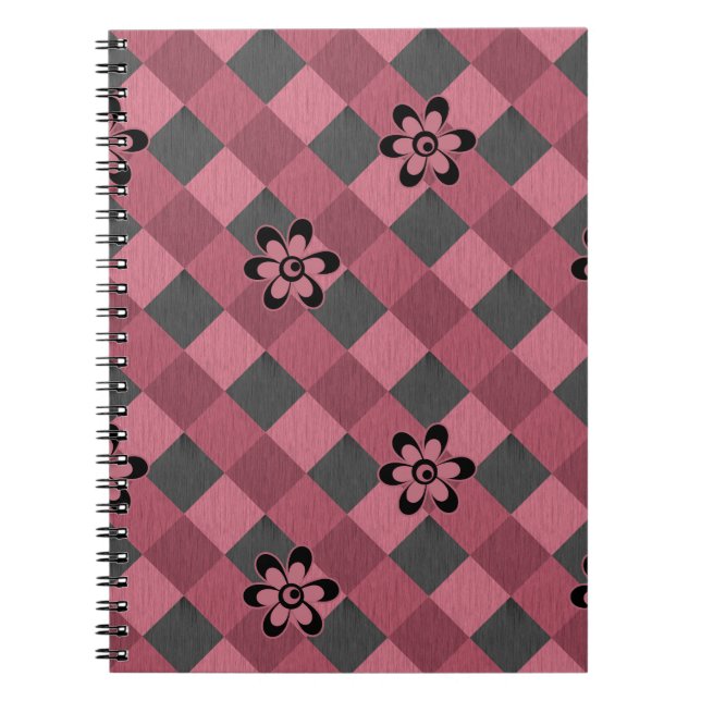 Gray pink geometric checkered pattern with flowers notebook (Front)