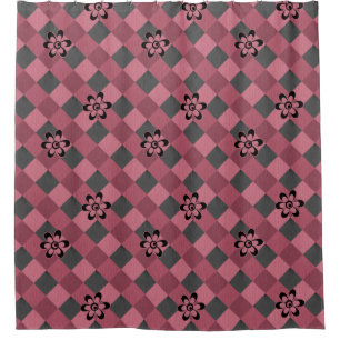 Gray pink geometric checkered pattern with flowers shower curtain