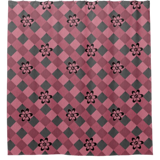 Gray pink geometric checkered pattern with flowers shower curtain (Front)