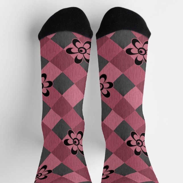 Gray pink geometric checkered pattern with flowers socks (Top)