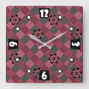 Gray pink geometric checkered pattern with flowers square wall clock