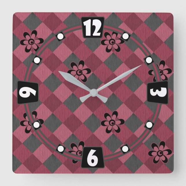 Gray pink geometric checkered pattern with flowers square wall clock (Front)