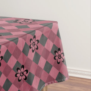 Gray pink geometric checkered pattern with flowers tablecloth