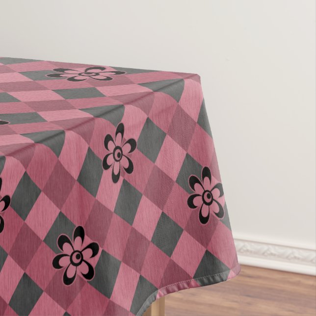 Gray pink geometric checkered pattern with flowers tablecloth (In Situ)
