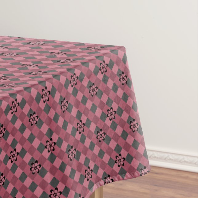 Gray pink geometric checkered pattern with flowers tablecloth (In Situ)