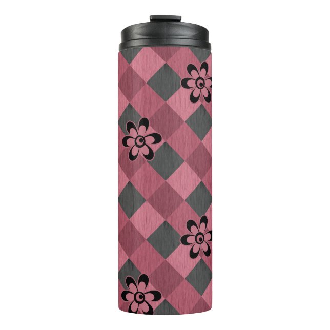 Gray pink geometric checkered pattern with flowers thermal tumbler (Front)