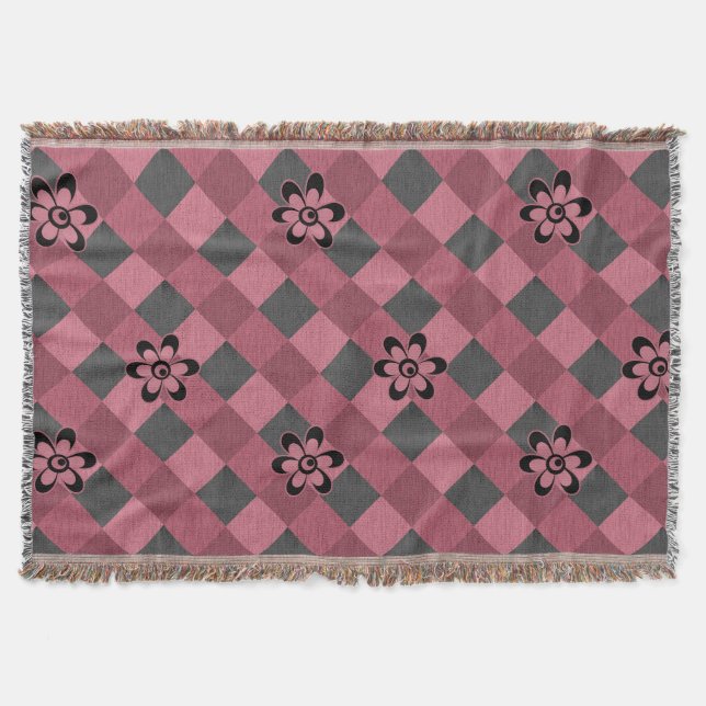 Gray pink geometric checkered pattern with flowers throw blanket (Front)