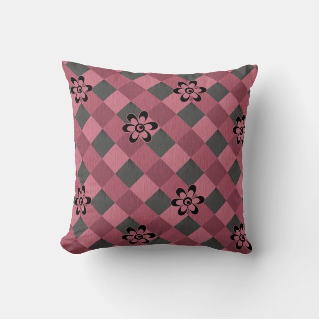 Gray pink geometric checkered pattern with flowers throw pillow (Front)