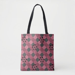 Gray pink geometric checkered pattern with flowers tote bag