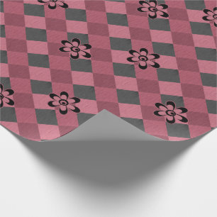Gray pink geometric checkered pattern with flowers wrapping paper