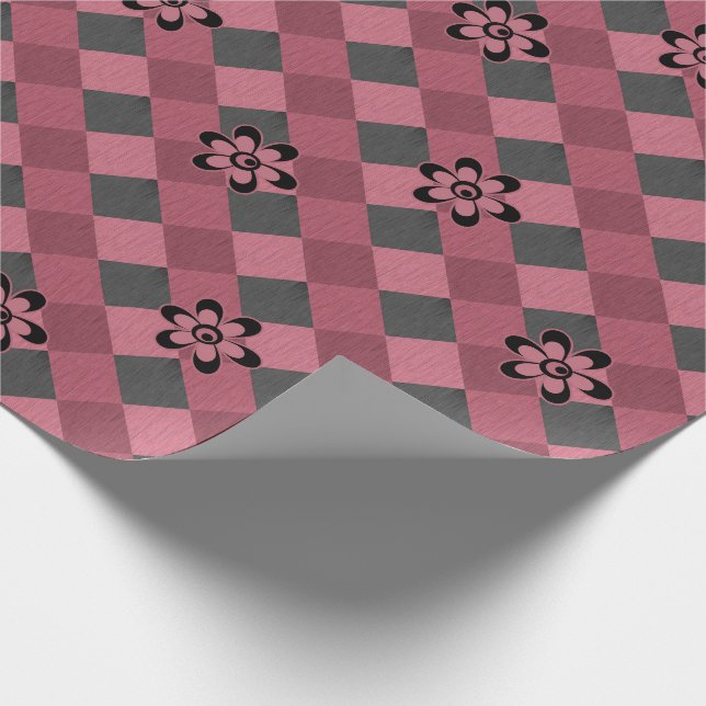 Gray pink geometric checkered pattern with flowers wrapping paper (Corner)