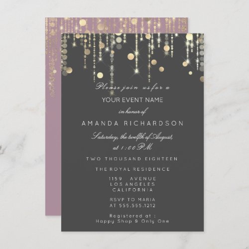 Gray Pink Gold Drips Birthday Bridal Shower Invitation