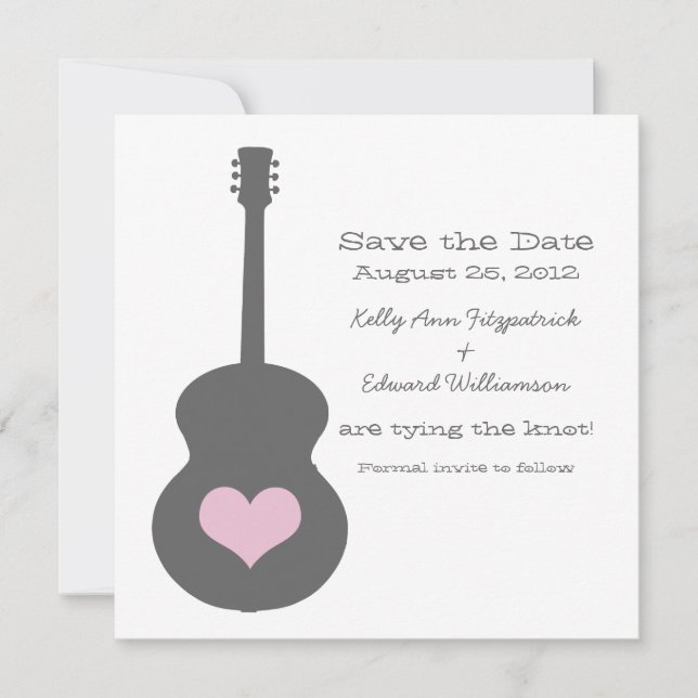 Gray/Pink Guitar Heart Save the Date Invite (Front)