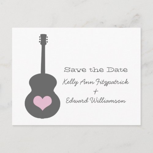 GrayPink Guitar Heart Save the Date Postcard