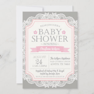 Gray Pink & Lace Baby Shower Invitation