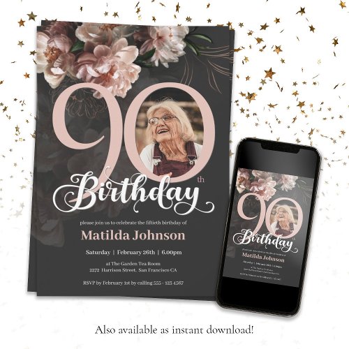 Gray Pink Lush Floral Photo 90th Birthday Party Invitation