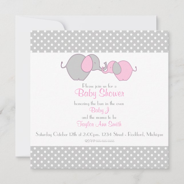 Gray & Pink Mama & Baby Elephant Shower Invitation (Front)